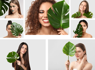 Set of beautiful young women with tropical leaves on light background