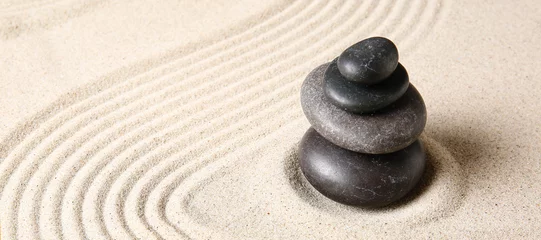 Printed roller blinds Stones in the sand Stack of stones on sand with lines. Zen concept