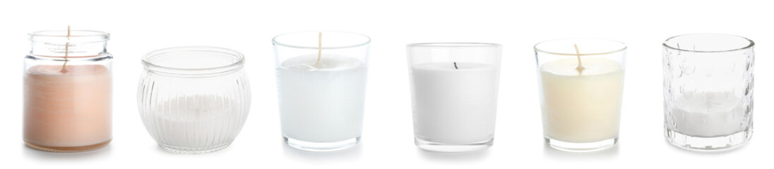 Set of aroma candles in holders on white background - obrazy, fototapety, plakaty