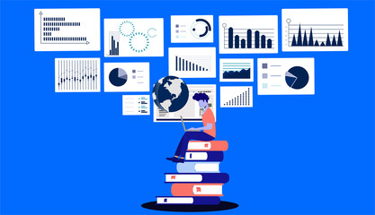 Business Man Use laptop and Book readers, think analyze, flat design illustration Creativity modern Idea and Concept innovation technology Vector.