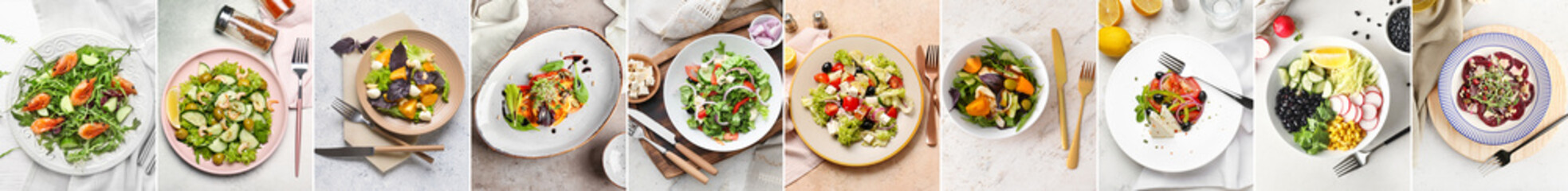 Set of delicious salads with vegetables on light background, top view