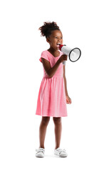 Little African-American girl shouting into megaphone on white background