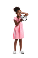 Little African-American girl shouting into megaphone on white background