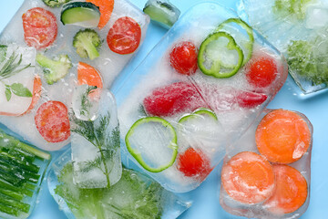 Fresh cut vegetables frozen in ice on blue background