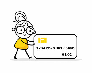 Woman pushing a big credit card. Financial and banking concept. Vector stock illustration
