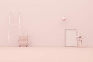 Interior of the room in plain monochrome pink color with bed, armchair and room accessories. Light background with copy space. 3D rendering for web page, presentation or picture frame backgrounds.	