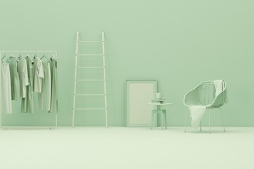 Interior of the room in plain monochrome green color with desk, frame photo and room accessories. Light background with copy space. 3D rendering for web page, presentation or studio 