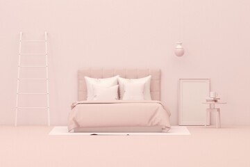 Interior of the room in plain monochrome pink color with bed, armchair and room accessories. Light background with copy space. 3D rendering for web page, presentation or picture frame backgrounds.	