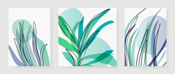 Set of abstract green leaf branch wall art vector. Botanical, leaf branches, plants, tropical foliage in line art. Collection of leaf wall decoration perfect for decorative, interior, prints, banner.