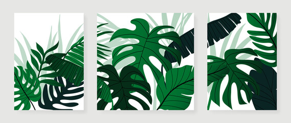 Set of abstract botanical wall art vector. Tropical plants, leaf branches, palm, monstera, foliage. Collection of botanical wall decoration perfect for decorative, interior, prints, banner.