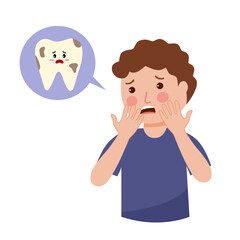 Boy child having toothache painful character in flat design. Dental problem and treatment concept.