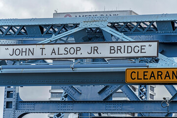 JOHN T ALSOP JR BRIDGE in Jacksonville Florida crossing the St. Johns River. A lift bridge, it opened in July 1941 at a cost of $1.5 million - obrazy, fototapety, plakaty
