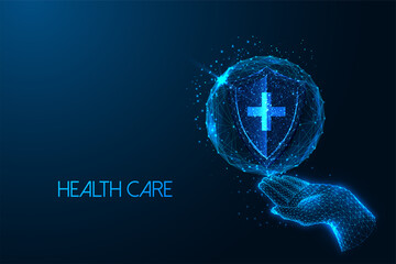 Concept of medical protection, healthcare insurance in futuristic glowing style with hand and shield