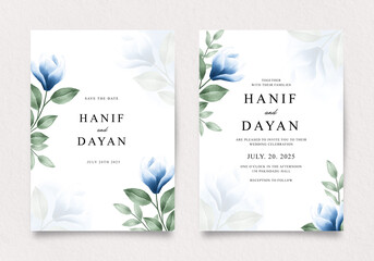 Double sided elegant wedding invitation template with blue flowers