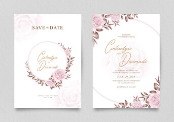 Beautiful double sided wedding invitation set with roses and leaves