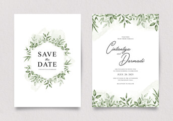 Wedding invitation double sided template set with green leaves