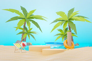 Obraz premium 3d render Summer sale podium stand for showing product. Beach Vacations Scene in Summer for mock up.