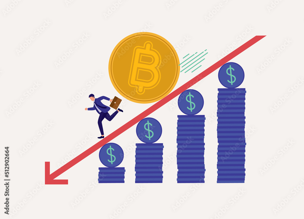 Poster concept of bitcoin value decreasing. businessman running away from a giant bitcoin rolling from behi