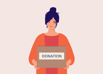 One Smiling Young Woman Holding A Box With “Donation” Word Labeled In Front. Half Length. Character, Cartoon.