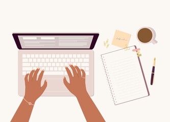 Black Female’s Hand Typing On Laptop Keyboard With Stationary Items And Coffee Laying On Table Top. Close-Up. Character, Cartoon.