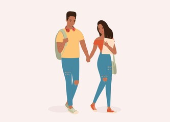 Young Black Student Couple With Ripped Jeans Walking And Holding Hands Together. Full Length. Character, Cartoon.