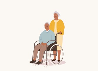 Smiling Black Senior Wife Pushing Wheelchair With Disabled Senior Husband. Full Length. Character, Cartoon.