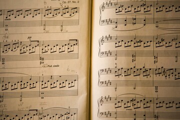 Close up of sheet music with musician's notes in pencil 
