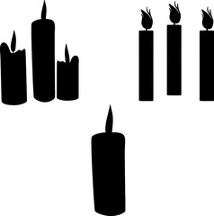 set of candles of different sizes are burning - vector silhouette illustration for logo or pictogram. white background,