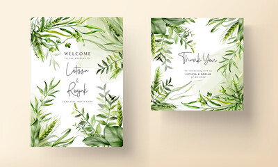 beautiful watercolor greenery leaves wedding invitation card