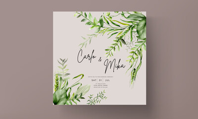 Fototapeta na wymiar beautiful watercolor greenery leaves wedding invitation card