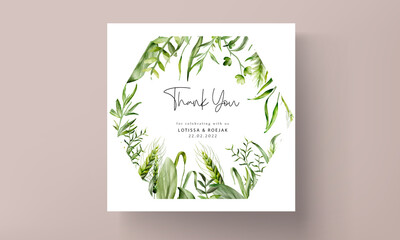 beautiful watercolor greenery leaves wedding invitation card