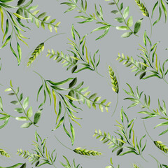 Beautiful watercolor greenery grass leaves seamless pattern