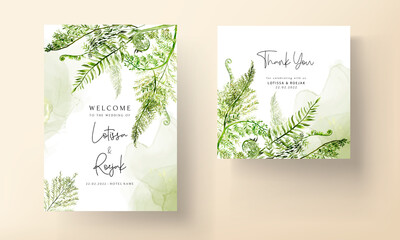 elegant wedding invitation template with greenery watercolor fern leaves