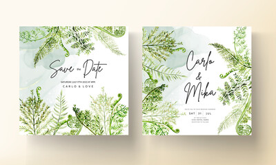 elegant wedding invitation template with greenery watercolor fern leaves - obrazy, fototapety, plakaty