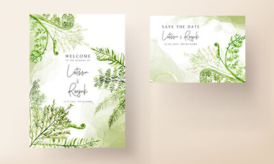 elegant wedding invitation template with greenery watercolor fern leaves © mariadeta