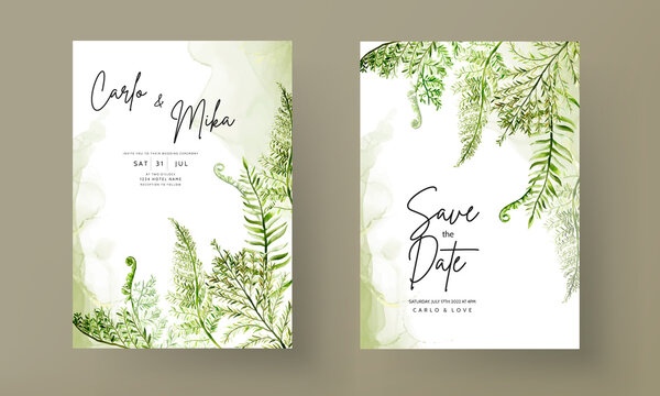 Elegant Wedding Invitation Template With Greenery Watercolor Fern Leaves