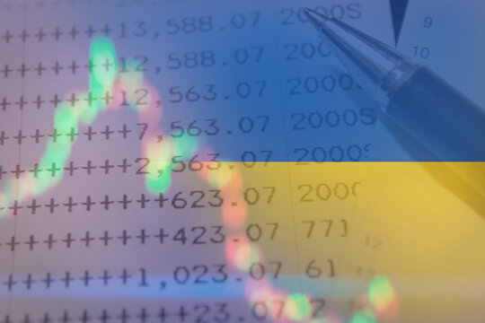 Stock market investment trading financial. Ukraine flag to analyze profitable business finance trend data background