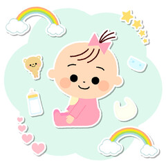 手書き風のかわいい赤ちゃんと赤ちゃん小物