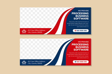 Set of Modern business banner template for processing business software. Red and Blue banners design with business icons. space for photo. Horizontal advertising business banner for web design.