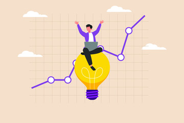 Happy businessman with laptop sitting on the on bright light bulb idea. Business success concept. Colored flat vector illustration isolated