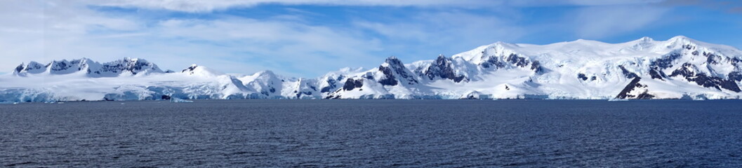 Panorama of snow covered mountains at Portal Point, Antarctica