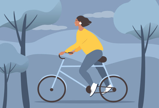 vector illustration in flat style - young woman rides a bicycle