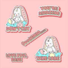 Funny cute stickers. Little bunny is crying. Little bunny is smiling. Stickers to lift your spirits