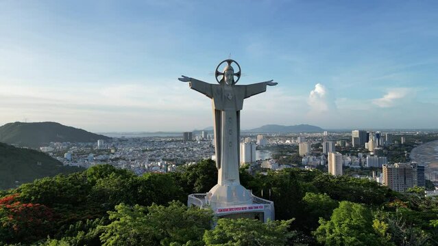 Top view of Vung Tau with statue of Jesus Christ on Mountain . the most popular local place. Christ the King, a statue of Jesus. Travel concept.