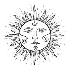 Vintage mystical Boho Sun in a linear style. Vector illustration isolated on white for tarot card, astrology, heavenly boho design. Celestial design.