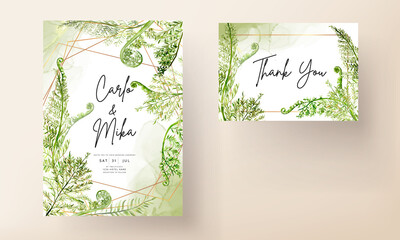 elegant wedding invitation template with greenery watercolor fern leaves