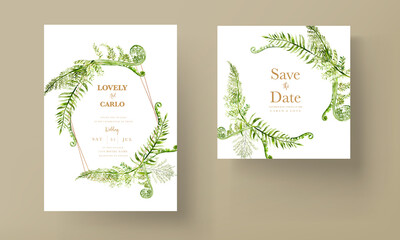 elegant wedding invitation template with greenery watercolor fern leaves © mariadeta