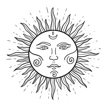 Vintage mystical Boho Sun in a linear style. Vector illustration isolated on white for tarot card, astrology, heavenly boho design. Celestial design.