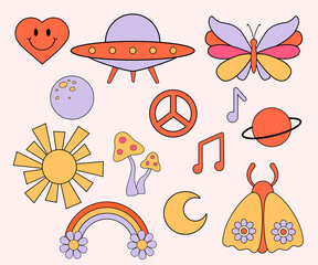 Groovy retro stickers in 1970 style. Set of Vector illustrations from 60s isolated on white background. Moon, sun, rainbow and ufo in flat style