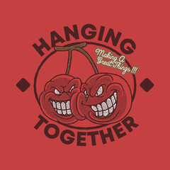 Fototapeta premium Cartoon emblem of bad cherry fruit with retro style